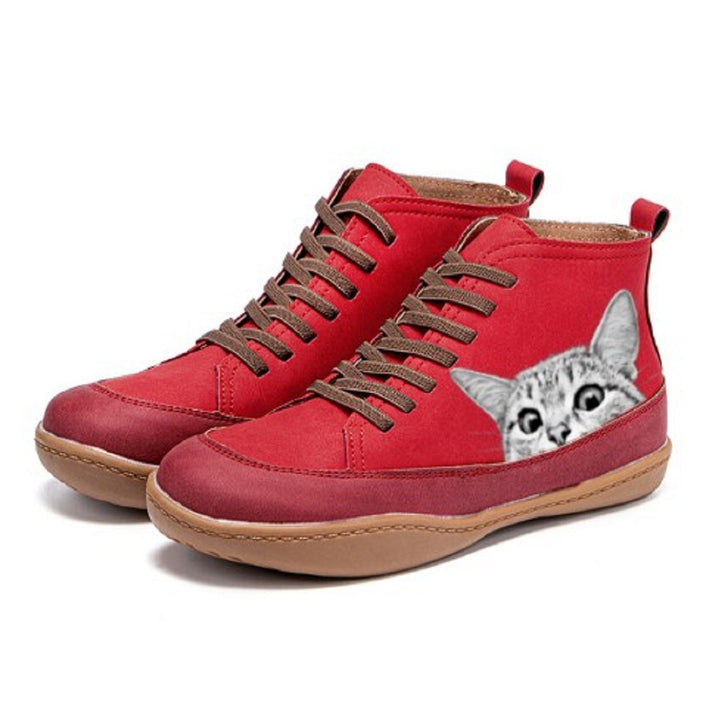 Women's ankle-high sneakers with cute cat motif embroidery and ergonomic comfort insole Mune Fashion