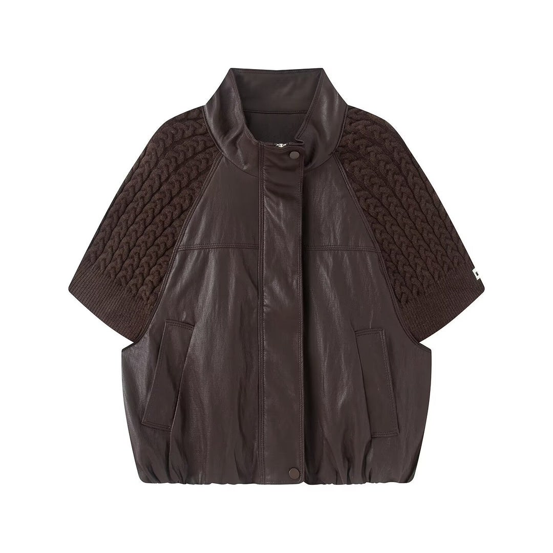 Women's Short Lamb Leather Vest with Stand-Up Collar and Knitted Cable Puff Sleeves Drune