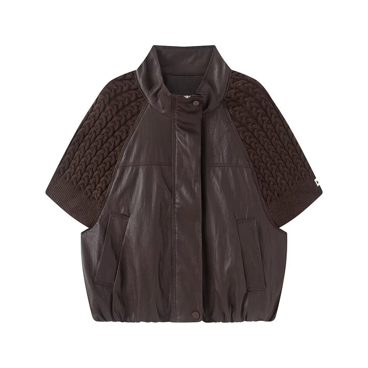 Women's Short Lamb Leather Vest with Stand-Up Collar and Knitted Cable Puff Sleeves Drune