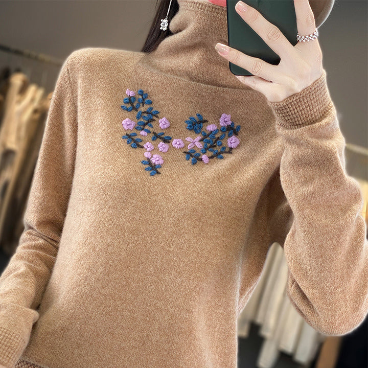 Women's Cashmere-Optics Turtleneck Sweater with Delicate Floral Embroidery on the Chest Area Mune Fashion