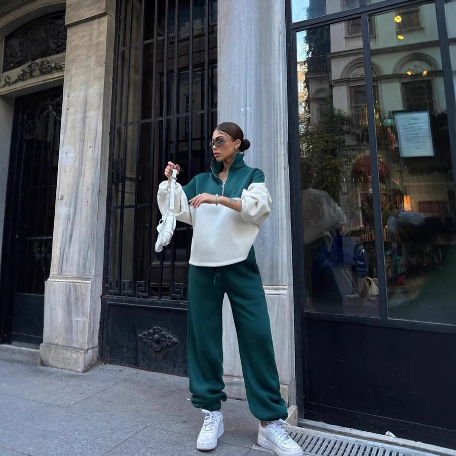 Women's Oversized Two-Tone Half-Zip Loungewear Set with Stand Collar and Wide Palazzo Jogger Mune Fashion