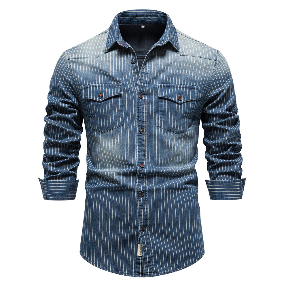 Men's tailored long-sleeve denim shirt with pinstripes and patch pockets Mune Fashion