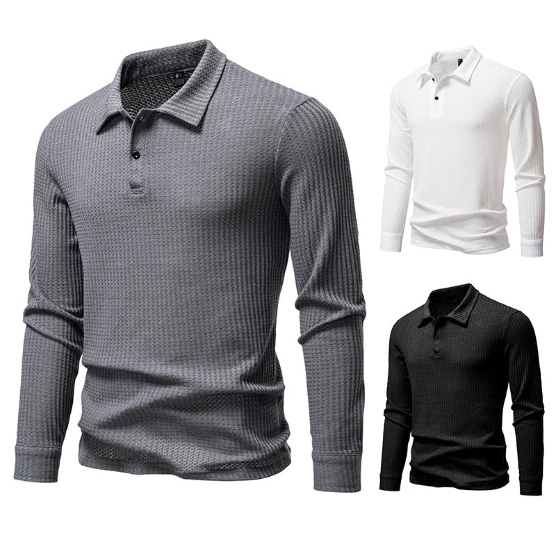 Men's Waffle Knit Polo Shirt with Half Button Placket and Shirt Collar Mune Fashion