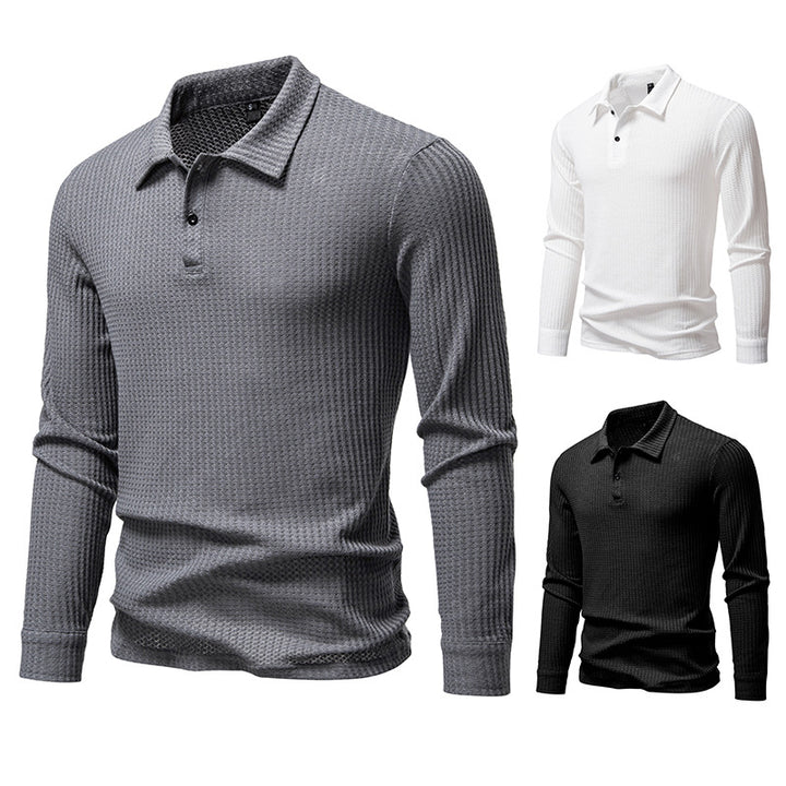 Men's Waffle Knit Polo Shirt with Half Button Placket and Shirt Collar Mune Fashion