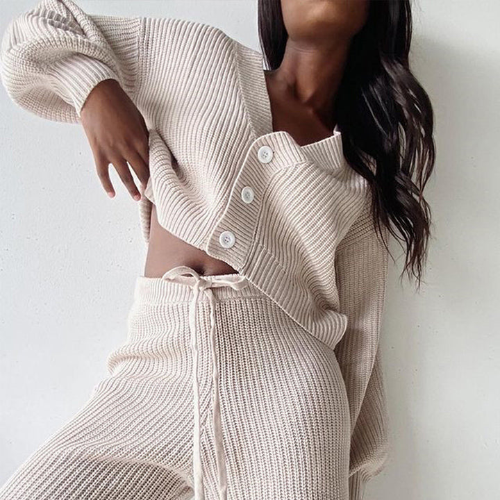 Women Ribbed Knit Loungewear Set with Buttoned Cropped Cardigan and High-Waist Drawstring Pants Mune Fashion