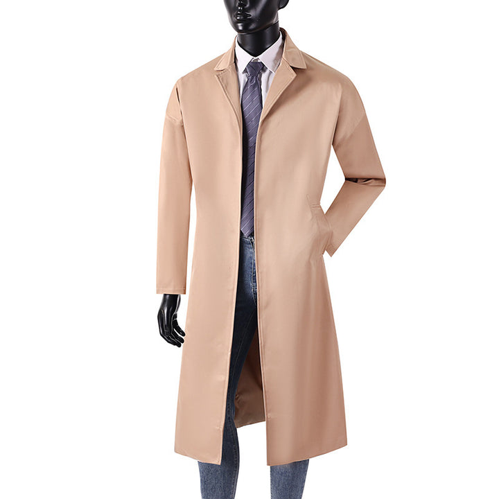 Men's Long Minimalist Trench Coat with Concealed Button Placket and Side Pockets Mune Fashion
