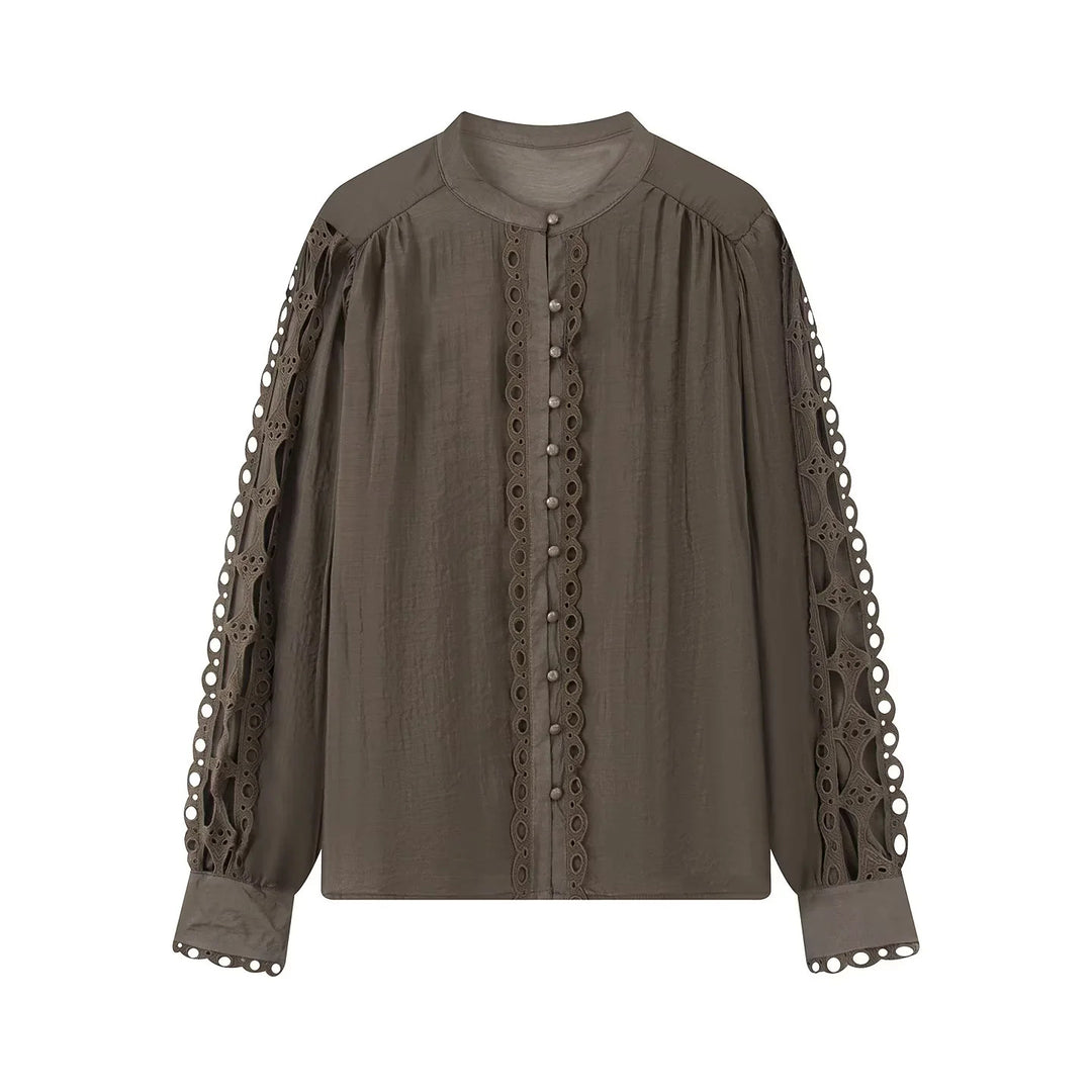 Women nan romantic blouse with lace sleeves, gathered balloon sleeves and decorative button placket Mune Fashion