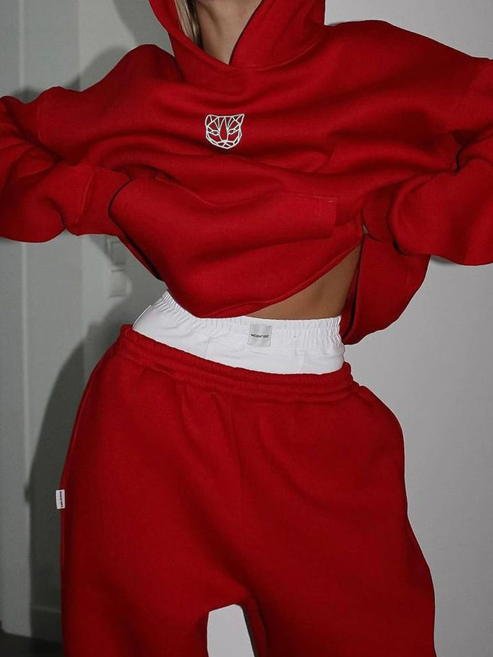 Women's Cropped Hoodie and Loose High-Waist Jogging Pants Set Mune Fashion