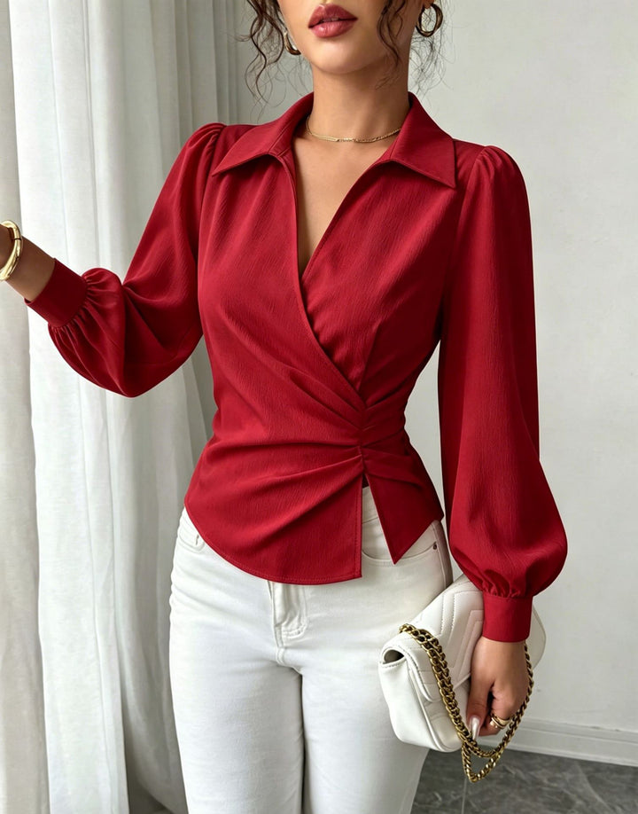 Women’s wrap blouse with waist gathering, shirt collar, and balloon sleeves Mune Fashion