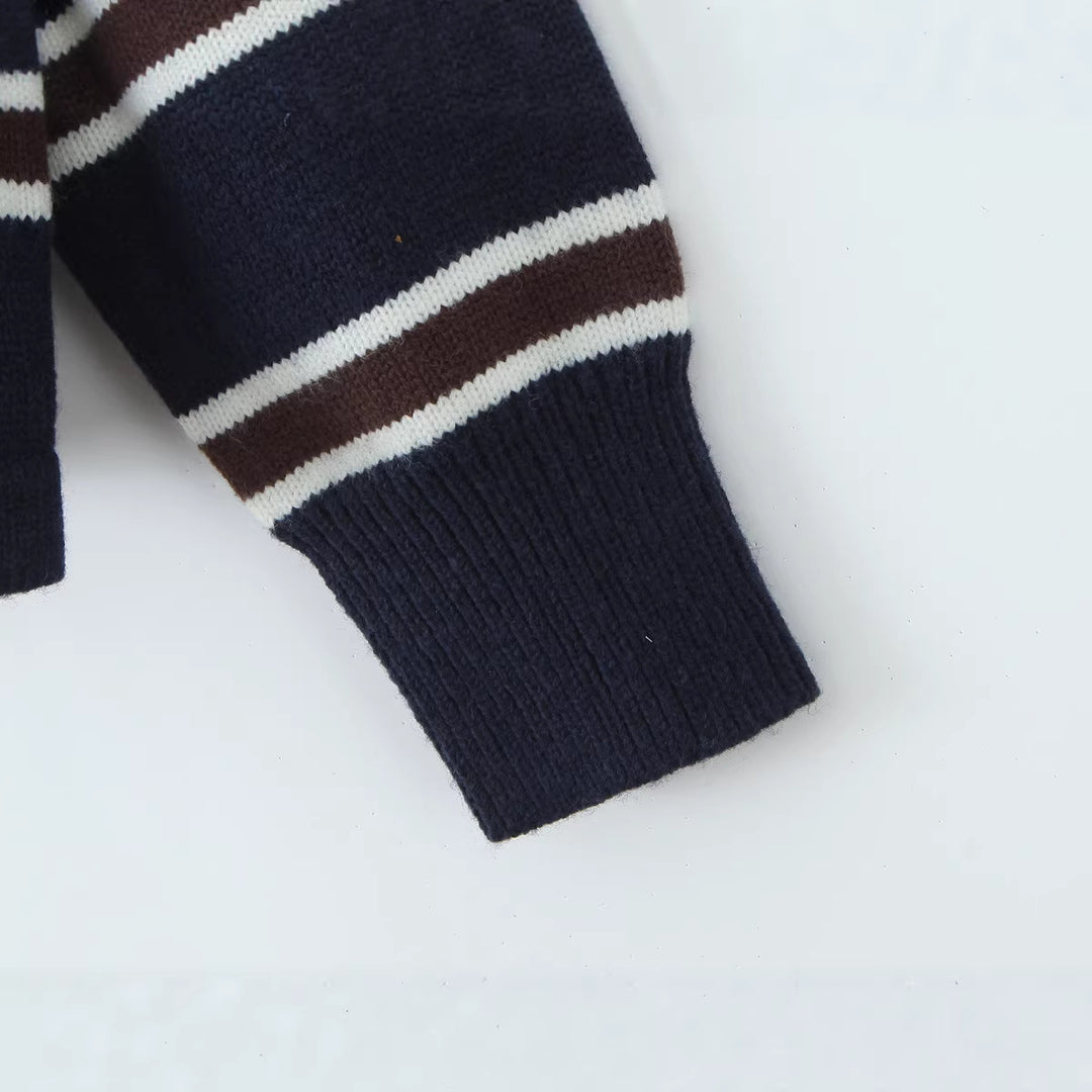 Women Striped Oversized Knit Sweater with Polo Collar and Ribbed Cuffs Mune Fashion