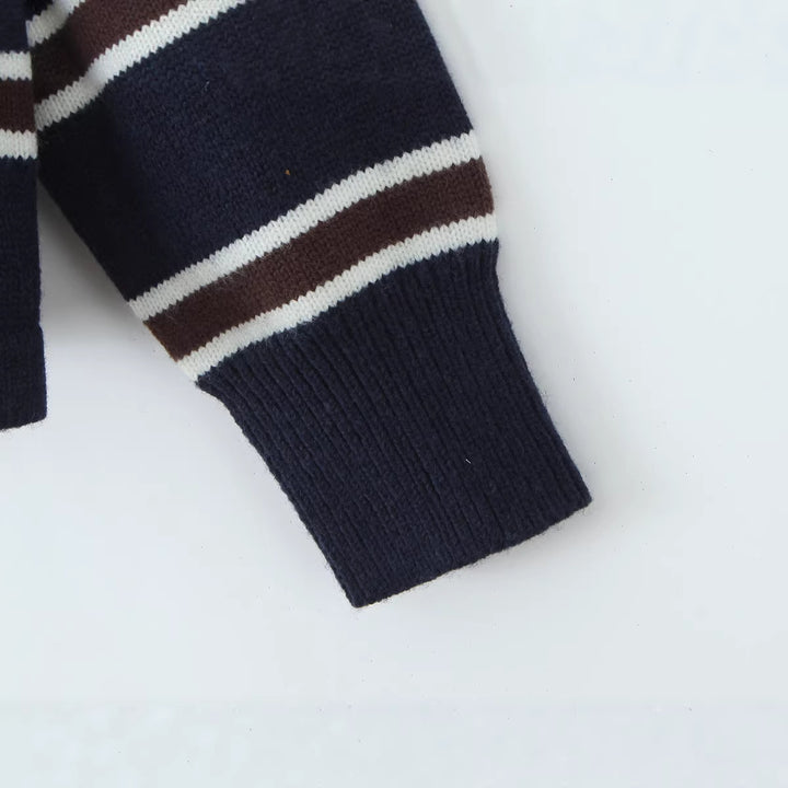 Women Striped Oversized Knit Sweater with Polo Collar and Ribbed Cuffs Mune Fashion