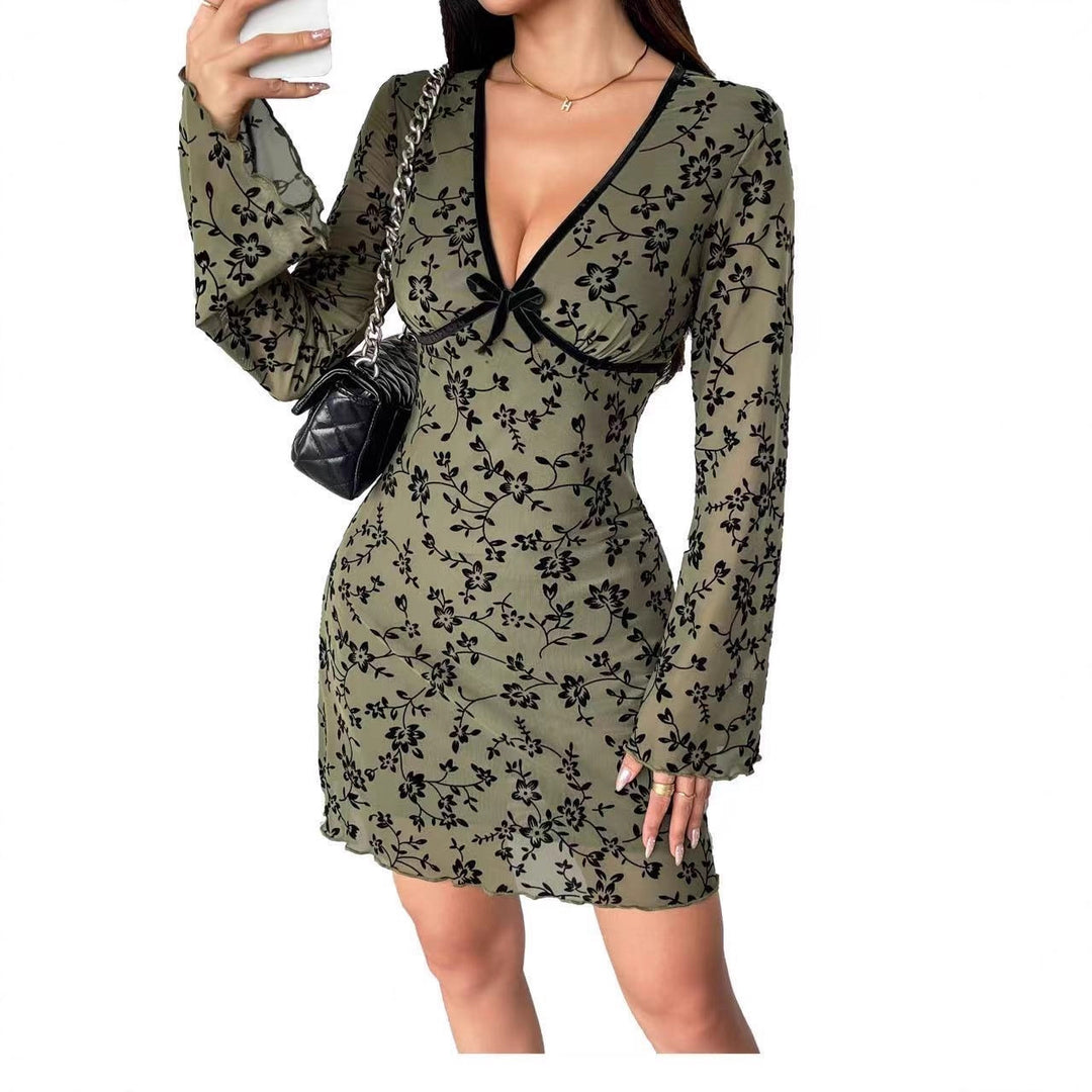 Women's fitted mesh mini dress with velvet flock floral pattern, deep V-neckline and bow appliqué Mune Fashion