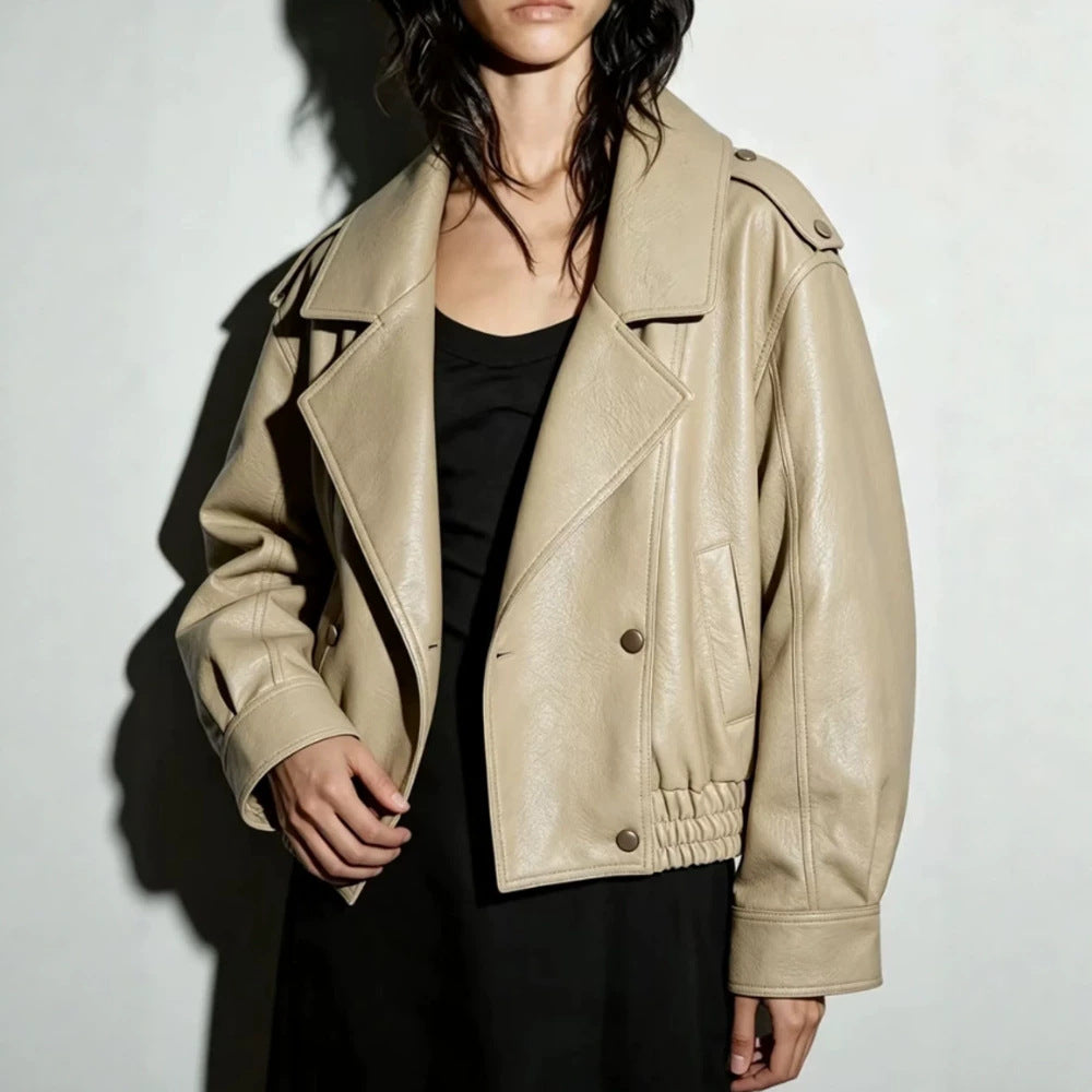 Women's Oversize Faux Leather Blouson with Double-Breasted Button Placket, Wide Lapels, and Elastic Hem Mune Fashion