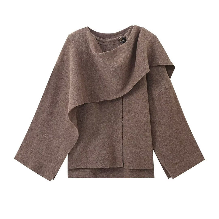 Women 900+ draped Oversize Poncho Sweater with waterfall collar and decorative button Mune Fashion