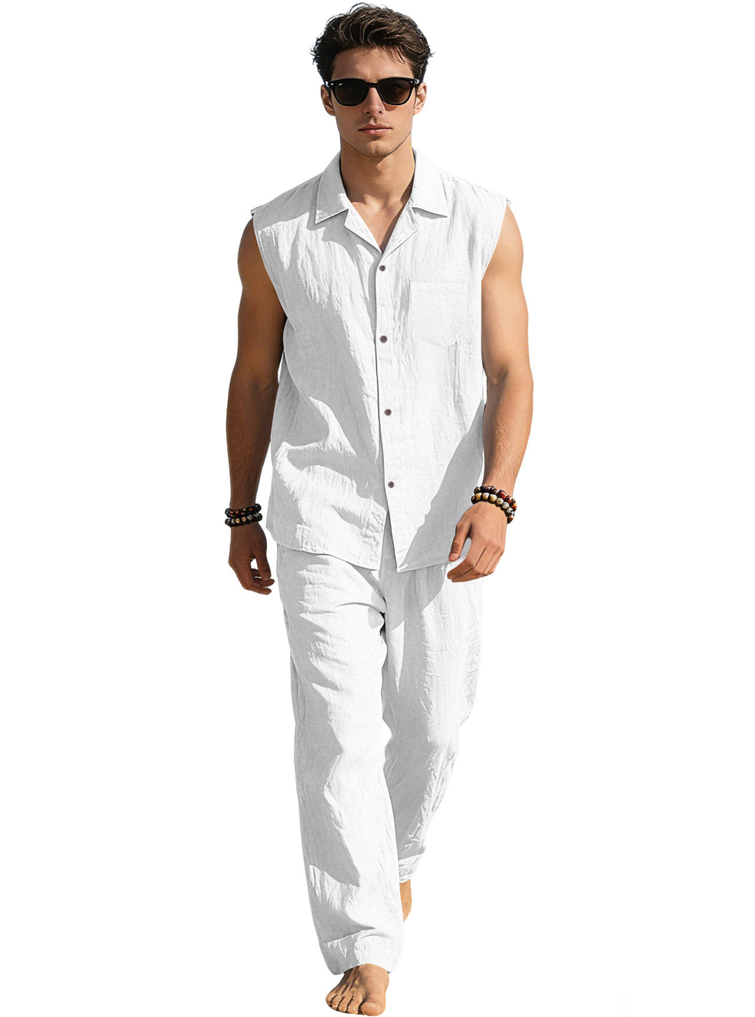 Men's sleeveless linen leisure set with lapel collar, chest pocket, and straight pants Mune Fashion