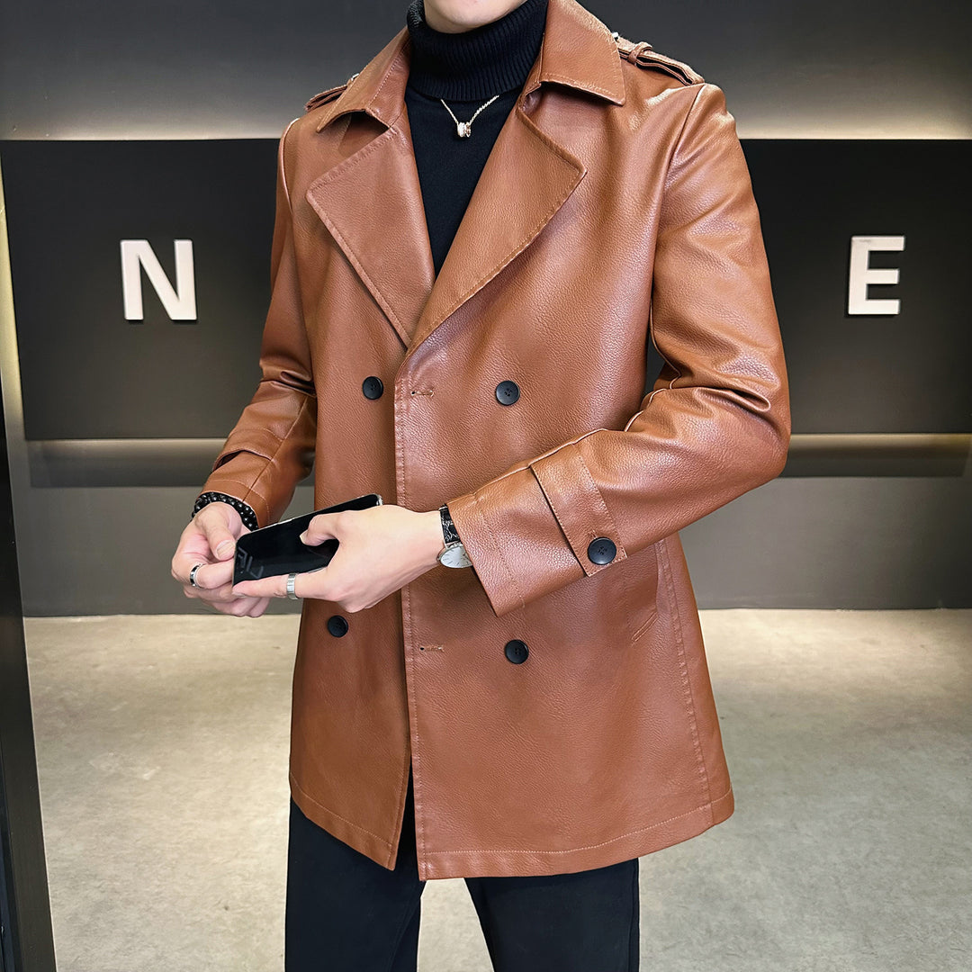 Men's Double-Breasted Faux Leather Trench Coat with Lapel Collar and Epaulettes Mune Fashion