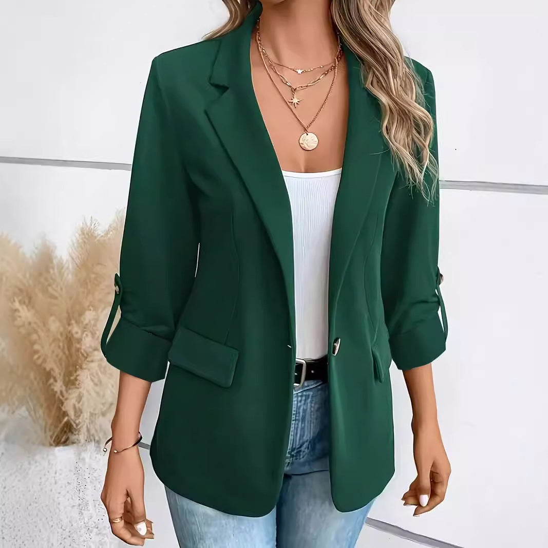 Women's tailored business blazer with cap sleeves, turned-up cuffs, and decorative buttons Mune Fashion