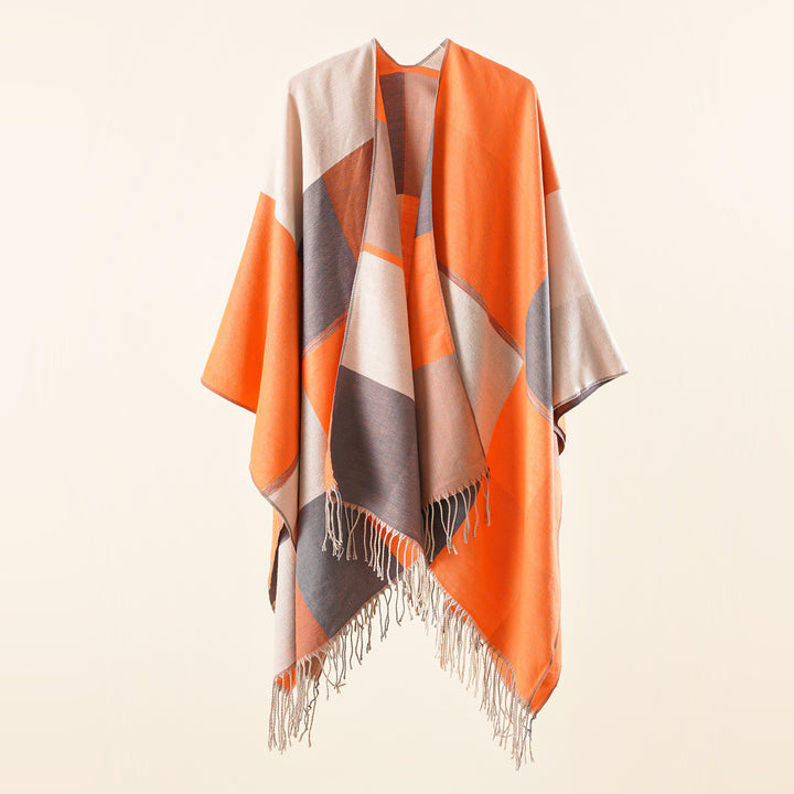Ladies Lightweight Woven Ruana with Geometric Block Pattern and Fringe Hem Mune Fashion