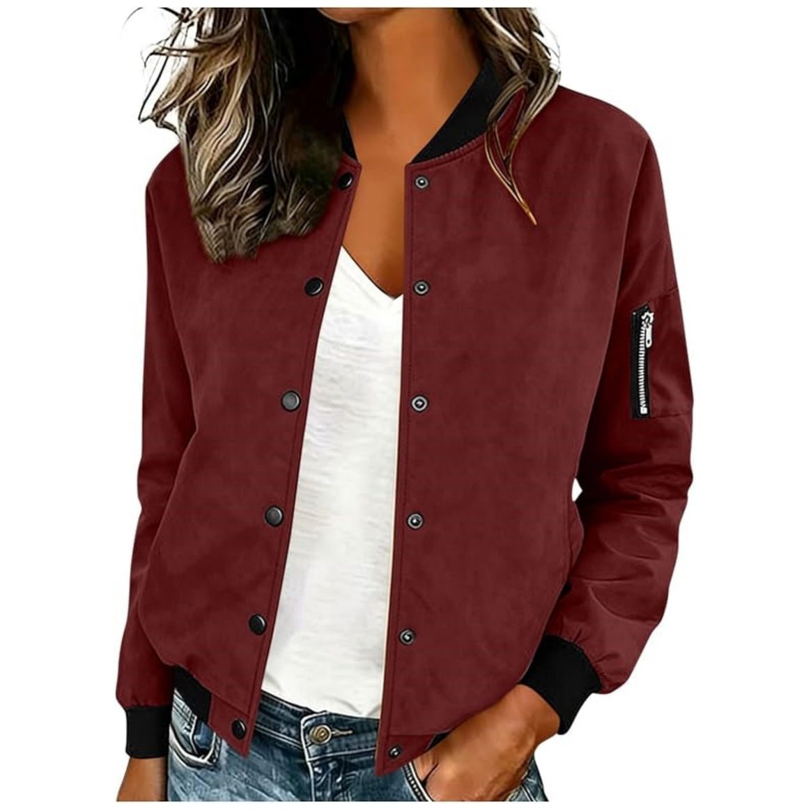 Women's Lightweight Bomber Jacket with Snap Buttons and Arm Pocket Mune Fashion