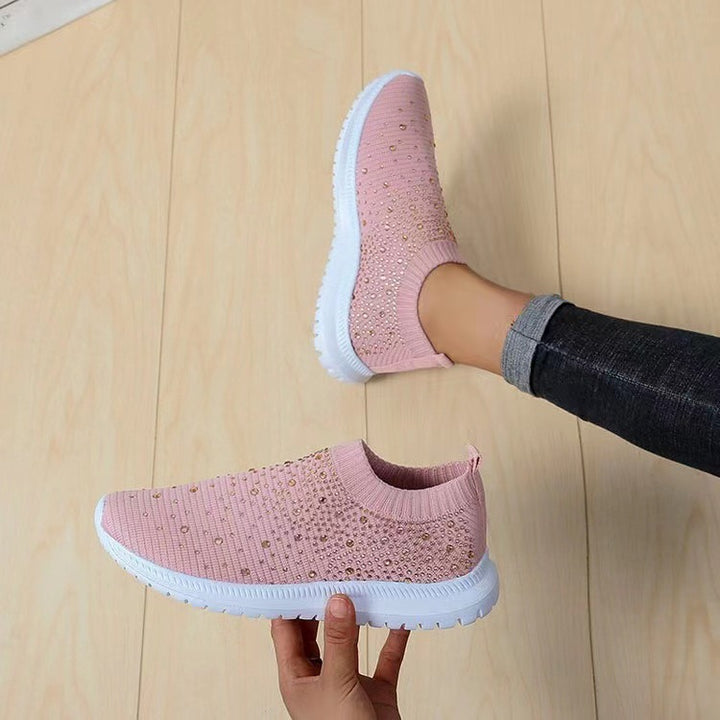 Women knitted slip-on sneakers with rhinestone embellishment and elastic entry Mune Fashion
