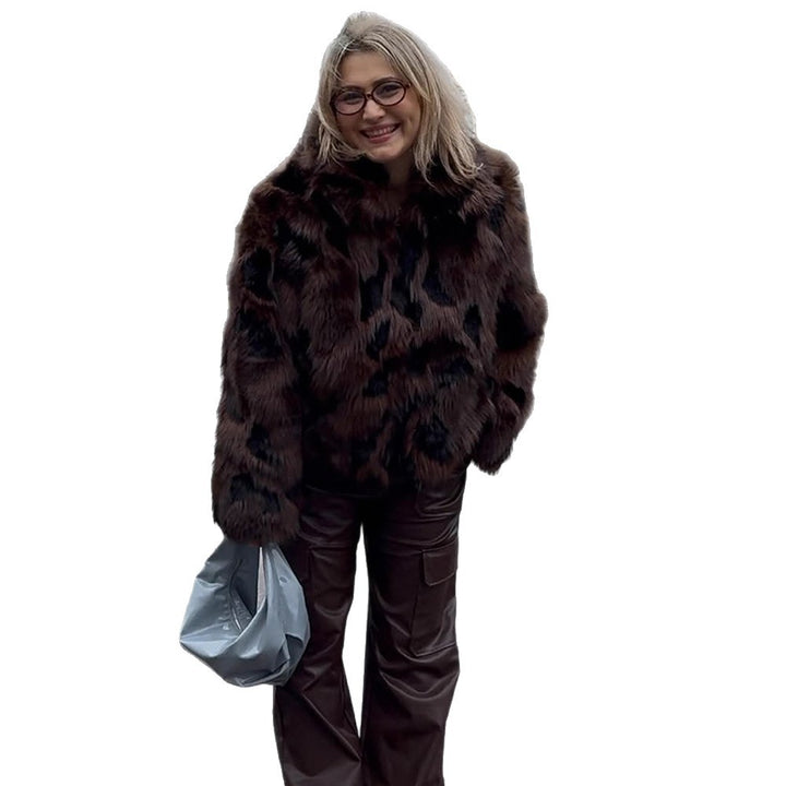 Women's Boxy Short Jacket made of Woven Fur with Natural Fur Look and Wide Shawl Collar Mune Fashion