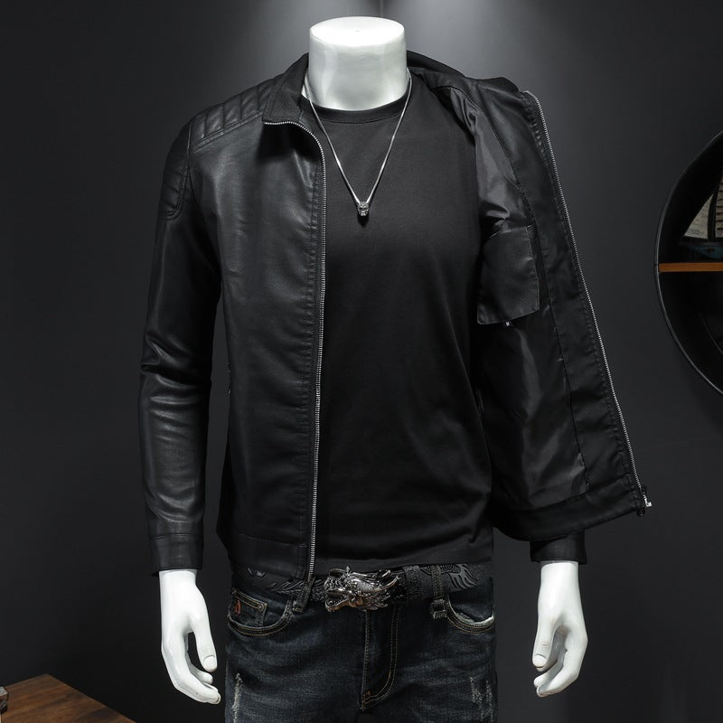 Men's Slim Faux Leather Blouson with Stand Collar and Quilted Shoulder Area Mune Fashion