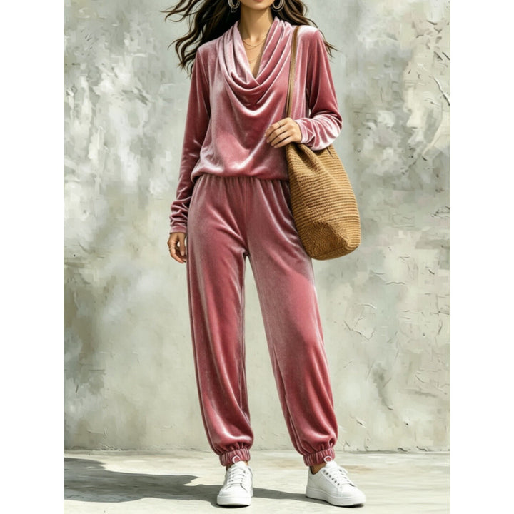 Women's Velvet Lounge Set with Waterfall Collar and Jogger Pants Mune Fashion
