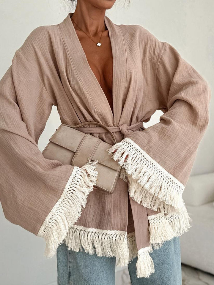 Women's Fringe Kimono Jacket in Linen Look with Waist Belt Mune Fashion