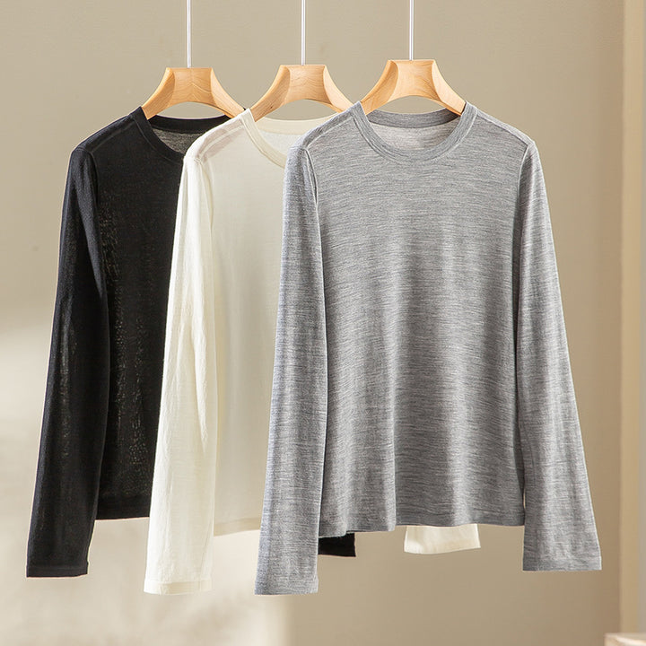 Women Fine Long Sleeve Fine Knit Shirt with Round Neckline and Straight Silhouette Mune Fashion