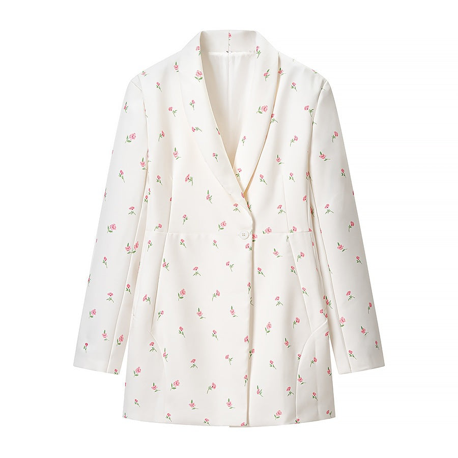 Women's Floral Longline Blazer Jacket with Shawl Collar and One-Button Closure Mune Fashion