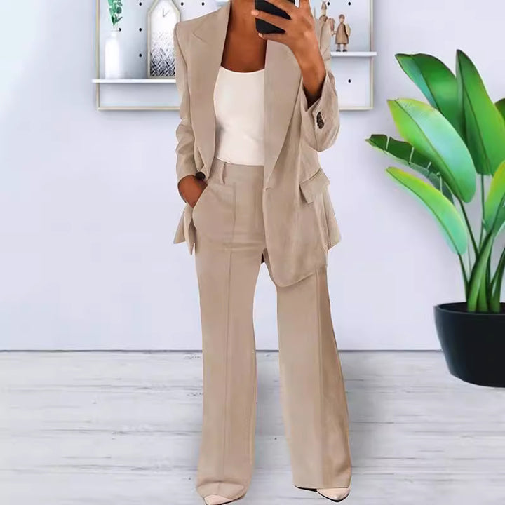 Women’s office-appropriate pantsuit set with wide trousers and tailored blazer Mune Fashion