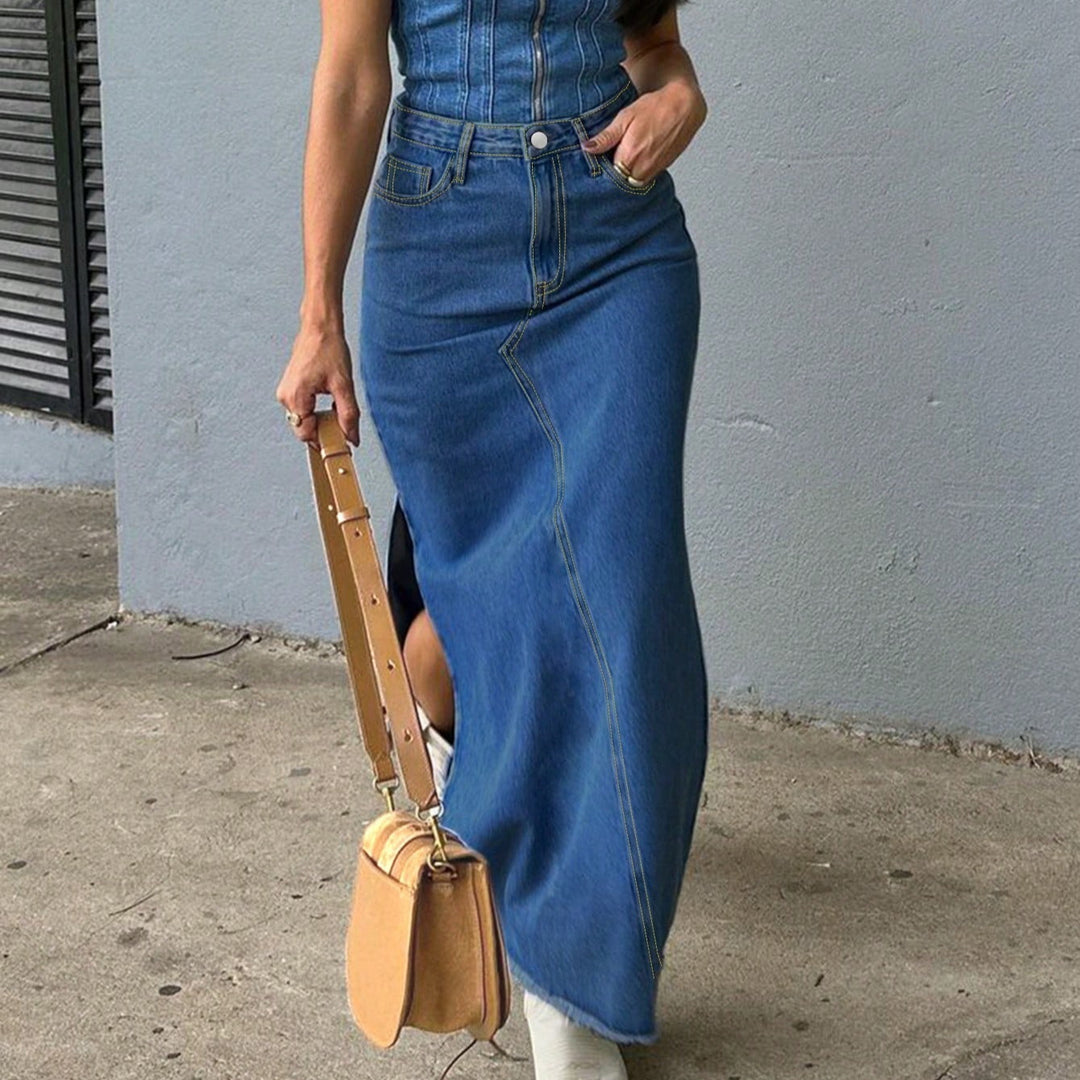 Ladies High-Waist Maxi Skirt made of Denim with front decorative seam and side leg slit Mune Fashion