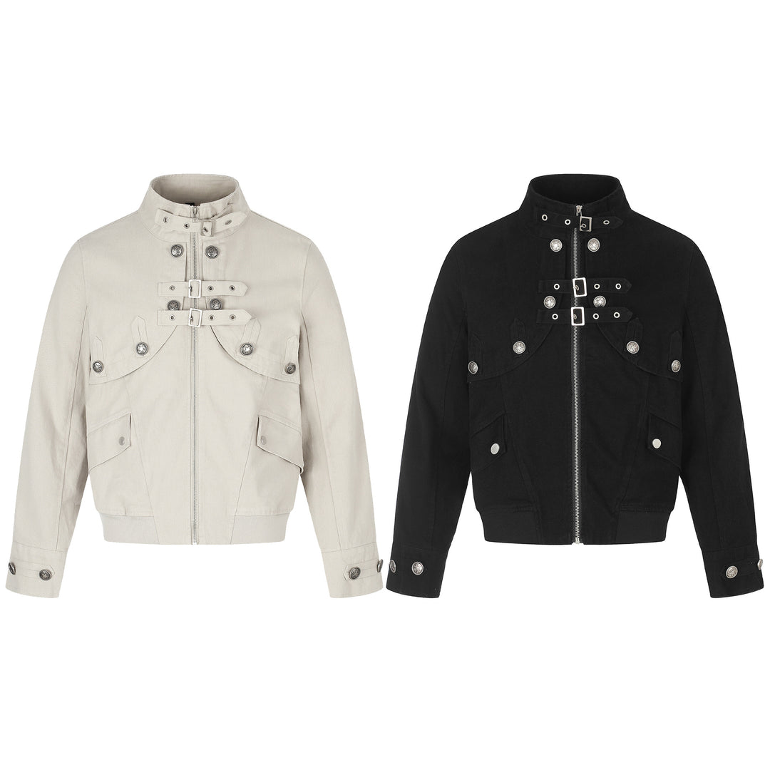 Women's short jacket in boxy cut with stand-up collar, buckle straps, and flap pockets.