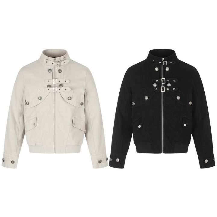 Women's short jacket in boxy cut with stand-up collar, buckle straps, and flap pockets.