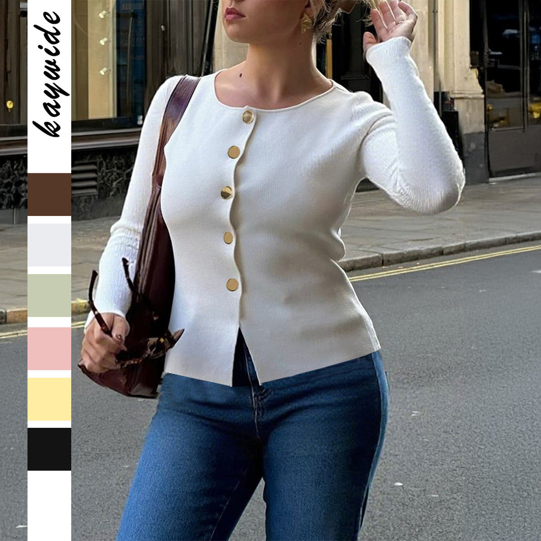 Women’s fitted fine knit cardigan with asymmetrical gold button placket and front slit Mune Fashion