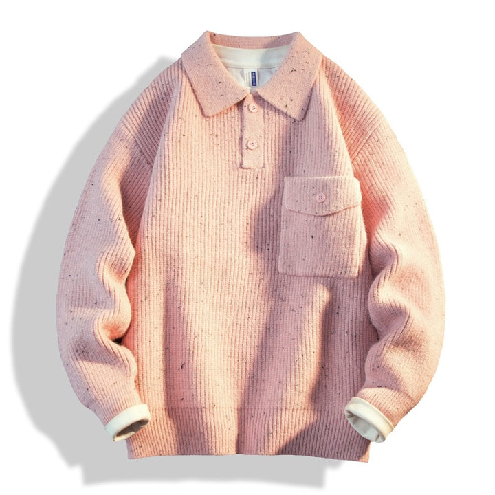 Men's Oversized Knit Polo with Chest Pocket & Ribbed Structure Mune Fashion