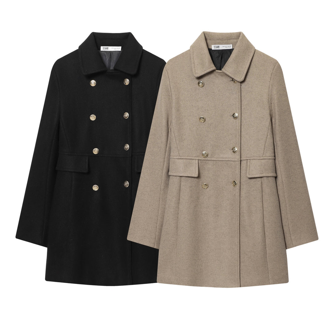 Women Double-breasted Wool Coat with Flared Pleated Skirt and Golden Decorative Buttons Mune Fashion