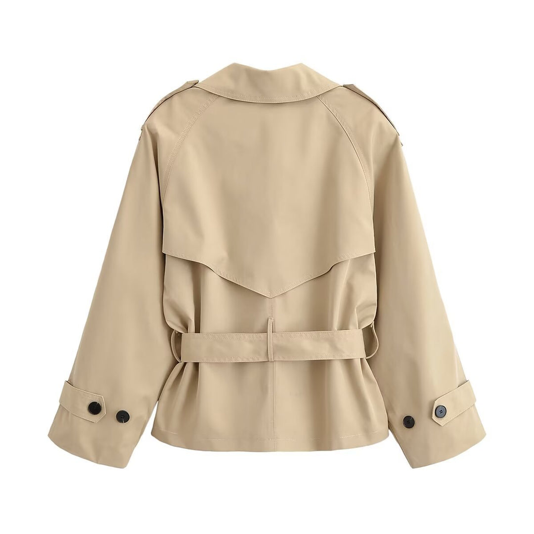 Women 30+ short tailored cropped trench coat with double-breasted button placket and tie belt Mune Fashion