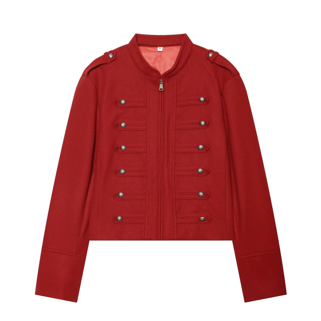 Women's Military Inspired Cropped Wool Blend Jacket with Decorative Button Placket and Stand-Up Collar Mune Fashion