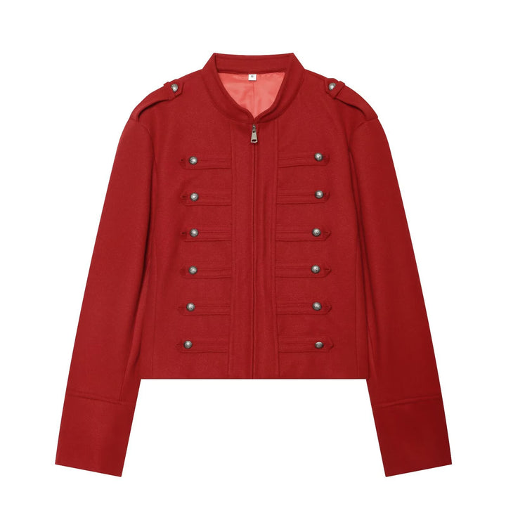 Women's Military Inspired Cropped Wool Blend Jacket with Decorative Button Placket and Stand-Up Collar Mune Fashion