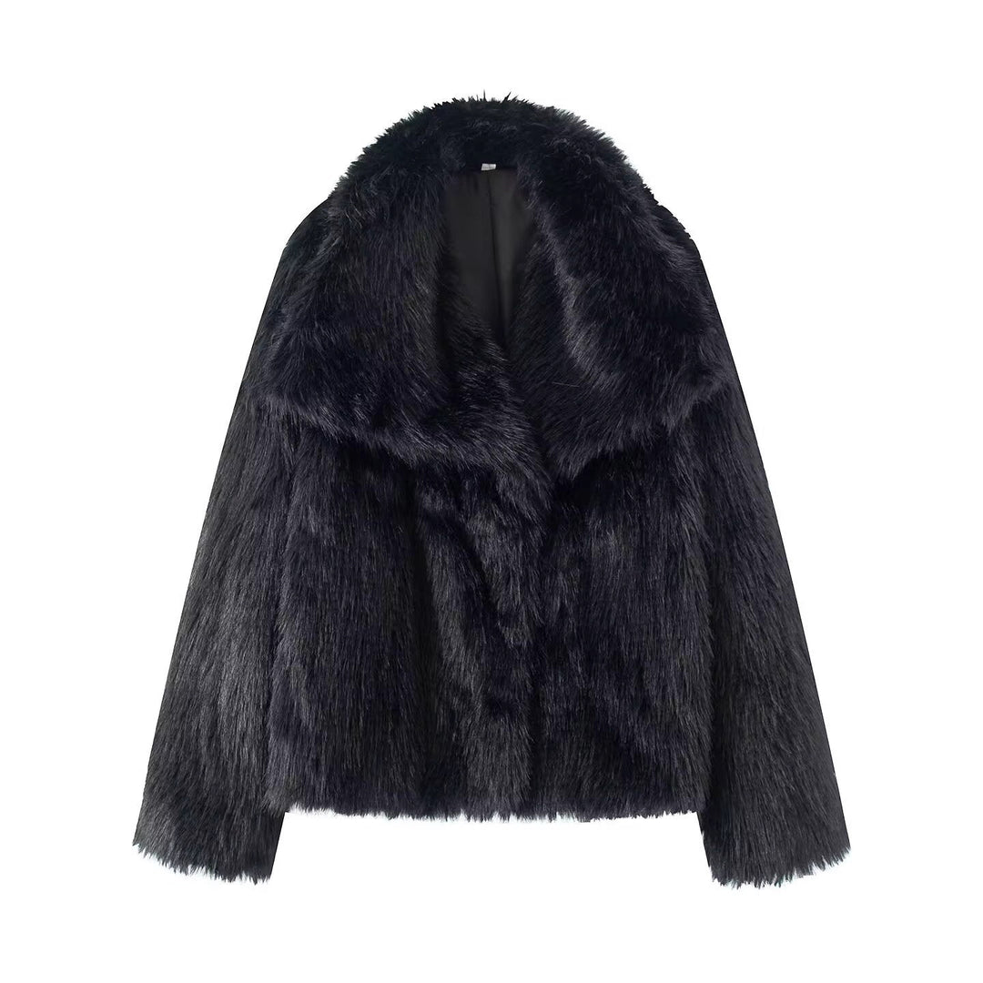 Women's Short Boxy Faux Fur Coat with Generous Shawl Collar and Soft Lining Mune Fashion
