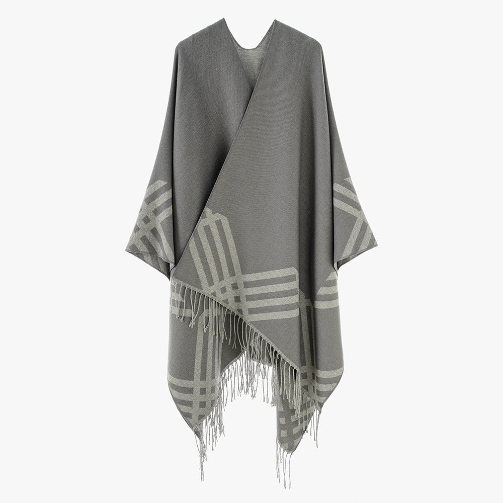 Women's Wool Blend Ruana in Rectangular Cut with Graphic Stripe Jacquard and Fringes