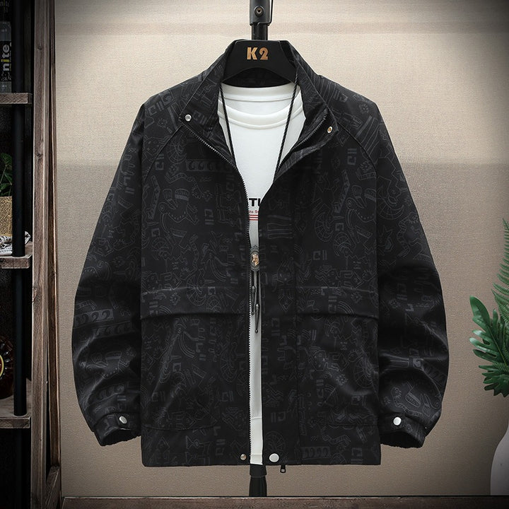 Men's lightweight overshirt utility jacket with allover print, stand-up collar & concealed zipper Mune Fashion