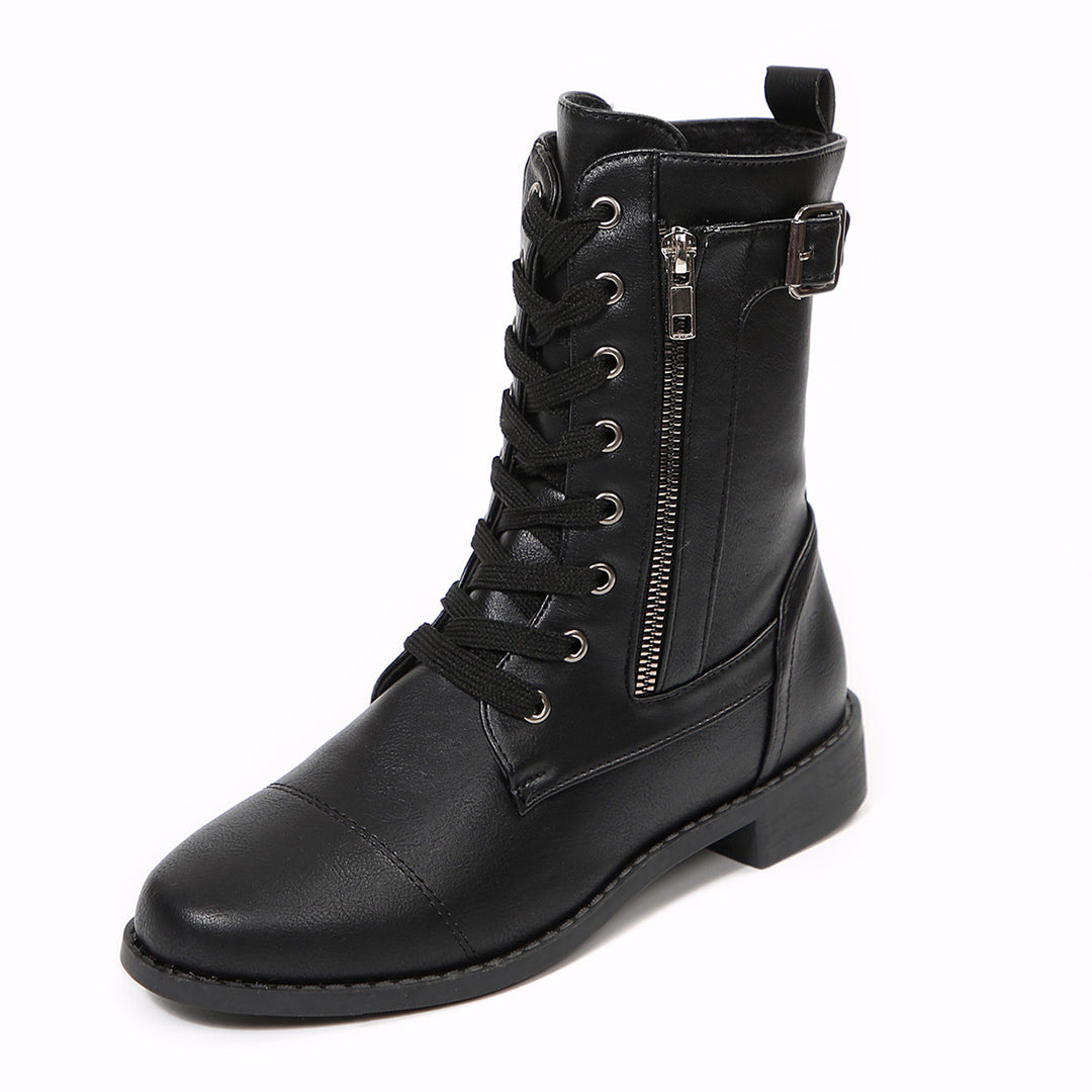 Women's robust lace-up biker ankle boots with side zipper and decorative strap Mune Fashion
