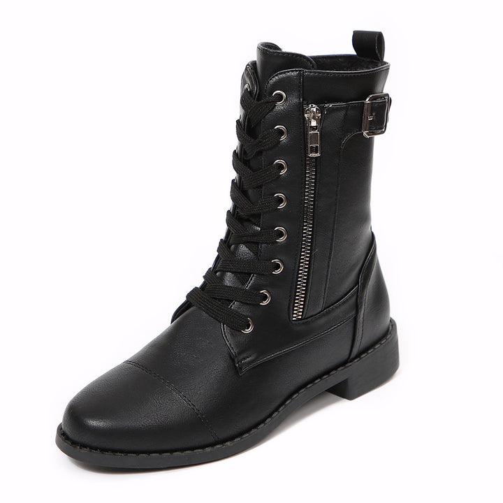 Women's robust lace-up biker ankle boots with side zipper and decorative strap Mune Fashion