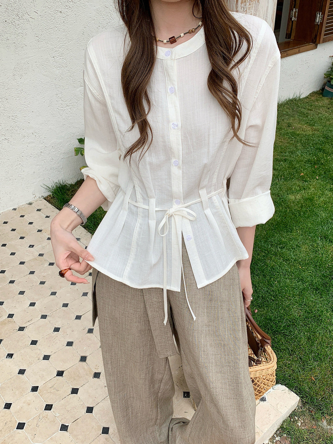 Women Light Cotton Gauze Blouse with Drawstring Waist and Stand-Up Collar Mune Fashion