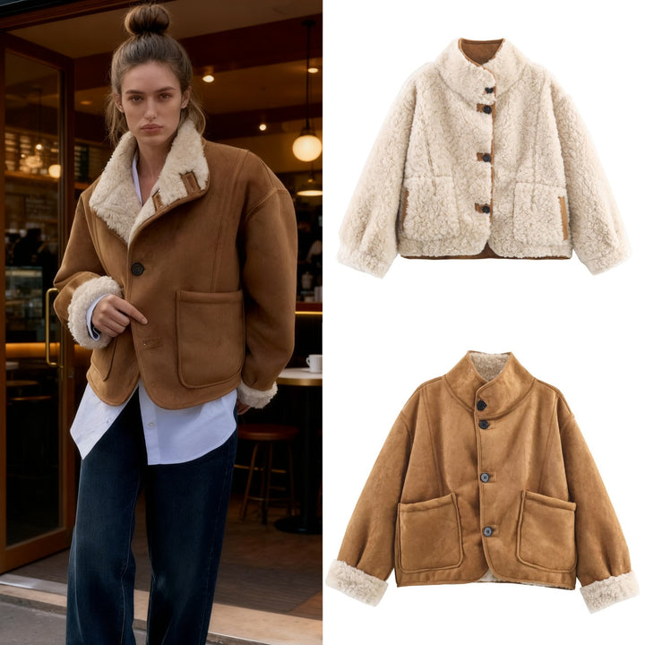 Women's Short Lambskin Imitation Jacket in Boxy Cut with Stand-Up Collar and Large Outer Pockets Mune Fashion