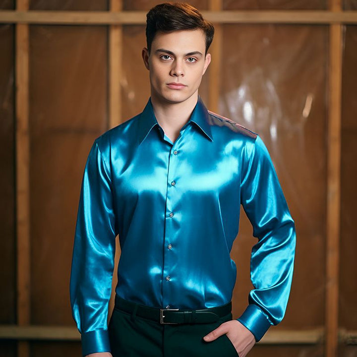 Men's Shirt Made Of Shiny Satin with Modern Collar Mune