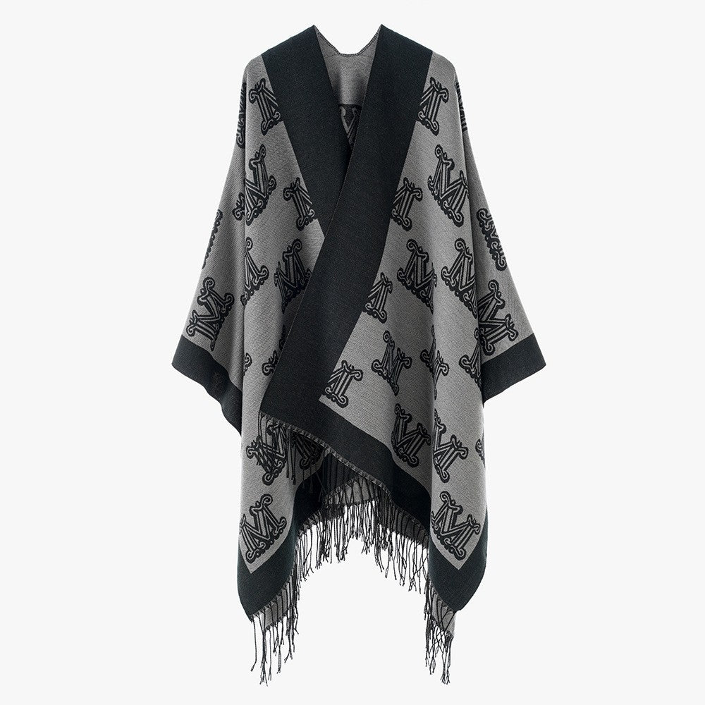 Women's Jacquard Monogram Cape with Open Sides and Fringes