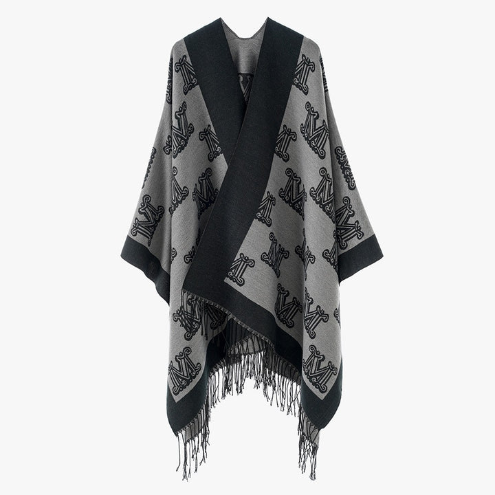 Women's Jacquard Monogram Cape with Open Sides and Fringes